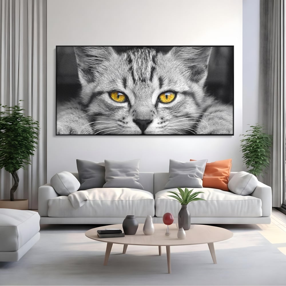Tablou Canvas Premium, LuxCanva® M1180, Scanteia Inocentei, Ochi, Felina, Pisica, Copilarie, Mic, Inocent, Dragalas, Privire, Blana, Alb si Negru, Animal, Birou, Living, Camera Copil
