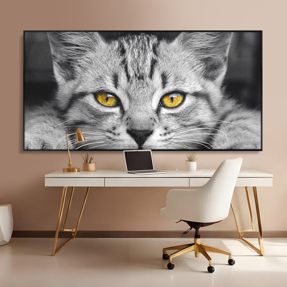 Tablou Canvas Premium, LuxCanva® M1180, Scanteia Inocentei, Ochi, Felina, Pisica, Copilarie, Mic, Inocent, Dragalas, Privire, Blana, Alb si Negru, Animal, Birou, Living, Camera Copil