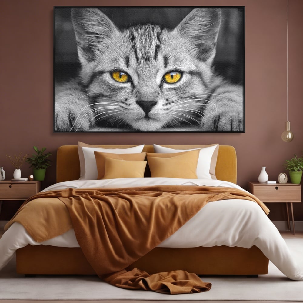 Tablou Canvas Premium, LuxCanva® M1180, Scanteia Inocentei, Ochi, Felina, Pisica, Copilarie, Mic, Inocent, Dragalas, Privire, Blana, Alb si Negru, Animal, Birou, Living, Camera Copil