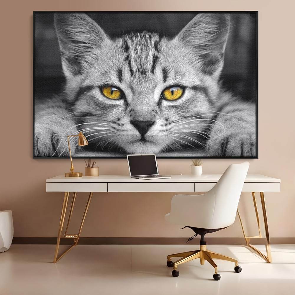 Tablou Canvas Premium, LuxCanva® M1180, Scanteia Inocentei, Ochi, Felina, Pisica, Copilarie, Mic, Inocent, Dragalas, Privire, Blana, Alb si Negru, Animal, Birou, Living, Camera Copil