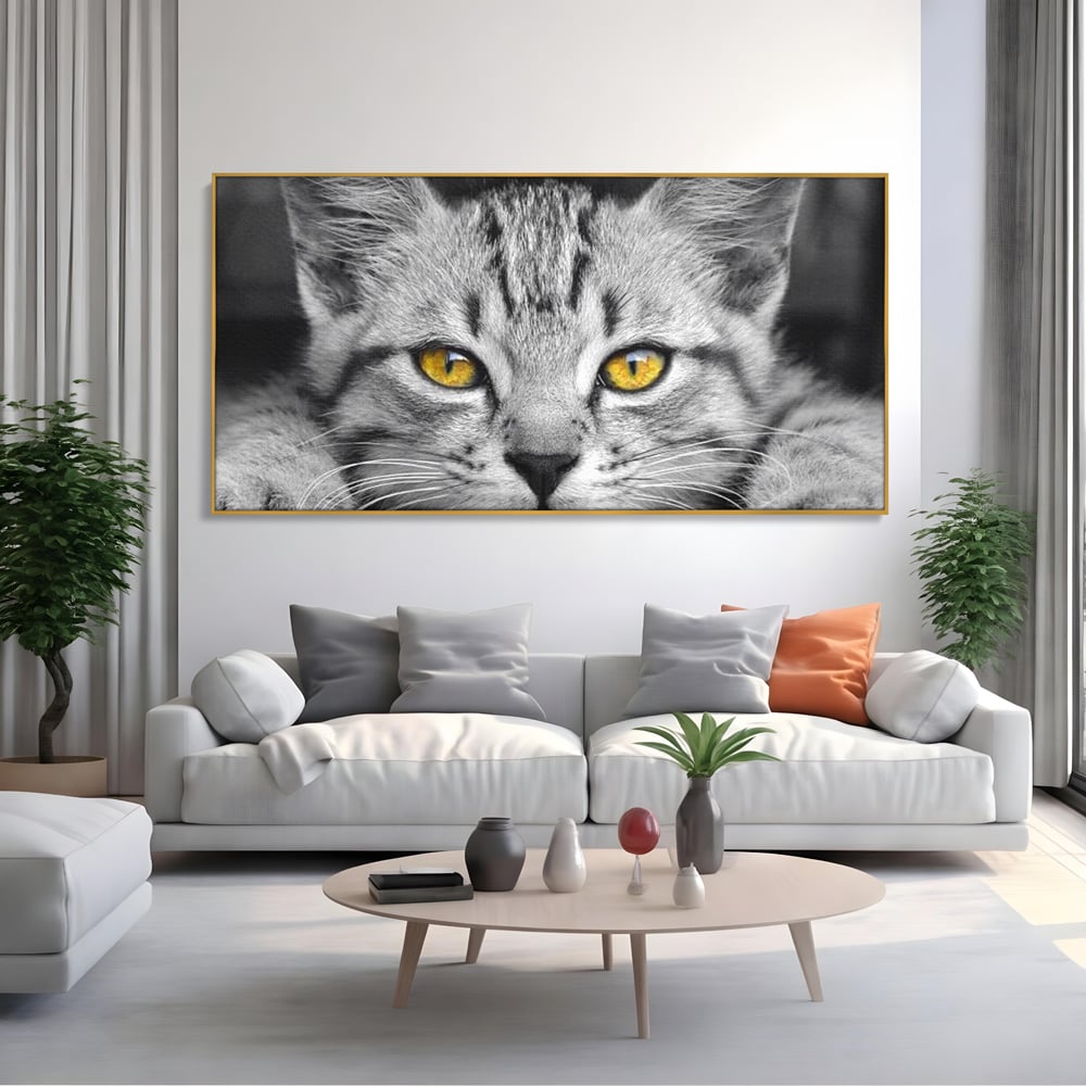 Tablou Canvas Premium, LuxCanva® M1180, Scanteia Inocentei, Ochi, Felina, Pisica, Copilarie, Mic, Inocent, Dragalas, Privire, Blana, Alb si Negru, Animal, Birou, Living, Camera Copil