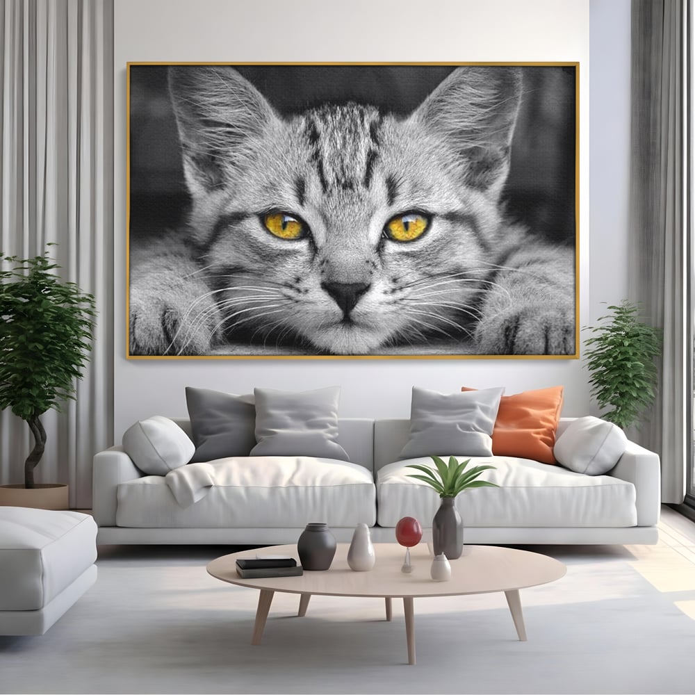 Tablou Canvas Premium, LuxCanva® M1180, Scanteia Inocentei, Ochi, Felina, Pisica, Copilarie, Mic, Inocent, Dragalas, Privire, Blana, Alb si Negru, Animal, Birou, Living, Camera Copil