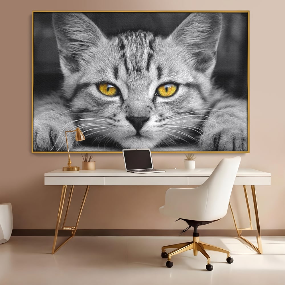 Tablou Canvas Premium, LuxCanva® M1180, Scanteia Inocentei, Ochi, Felina, Pisica, Copilarie, Mic, Inocent, Dragalas, Privire, Blana, Alb si Negru, Animal, Birou, Living, Camera Copil