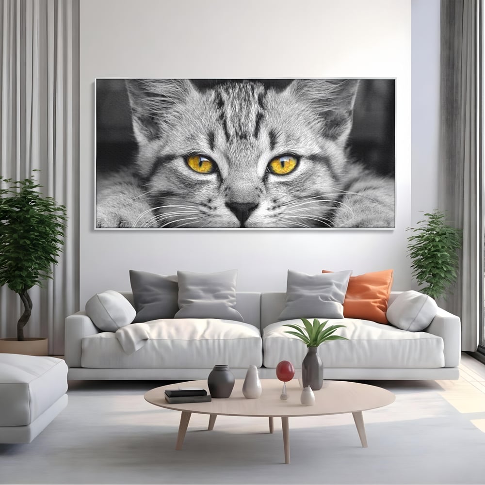 Tablou Canvas Premium, LuxCanva® M1180, Scanteia Inocentei, Ochi, Felina, Pisica, Copilarie, Mic, Inocent, Dragalas, Privire, Blana, Alb si Negru, Animal, Birou, Living, Camera Copil