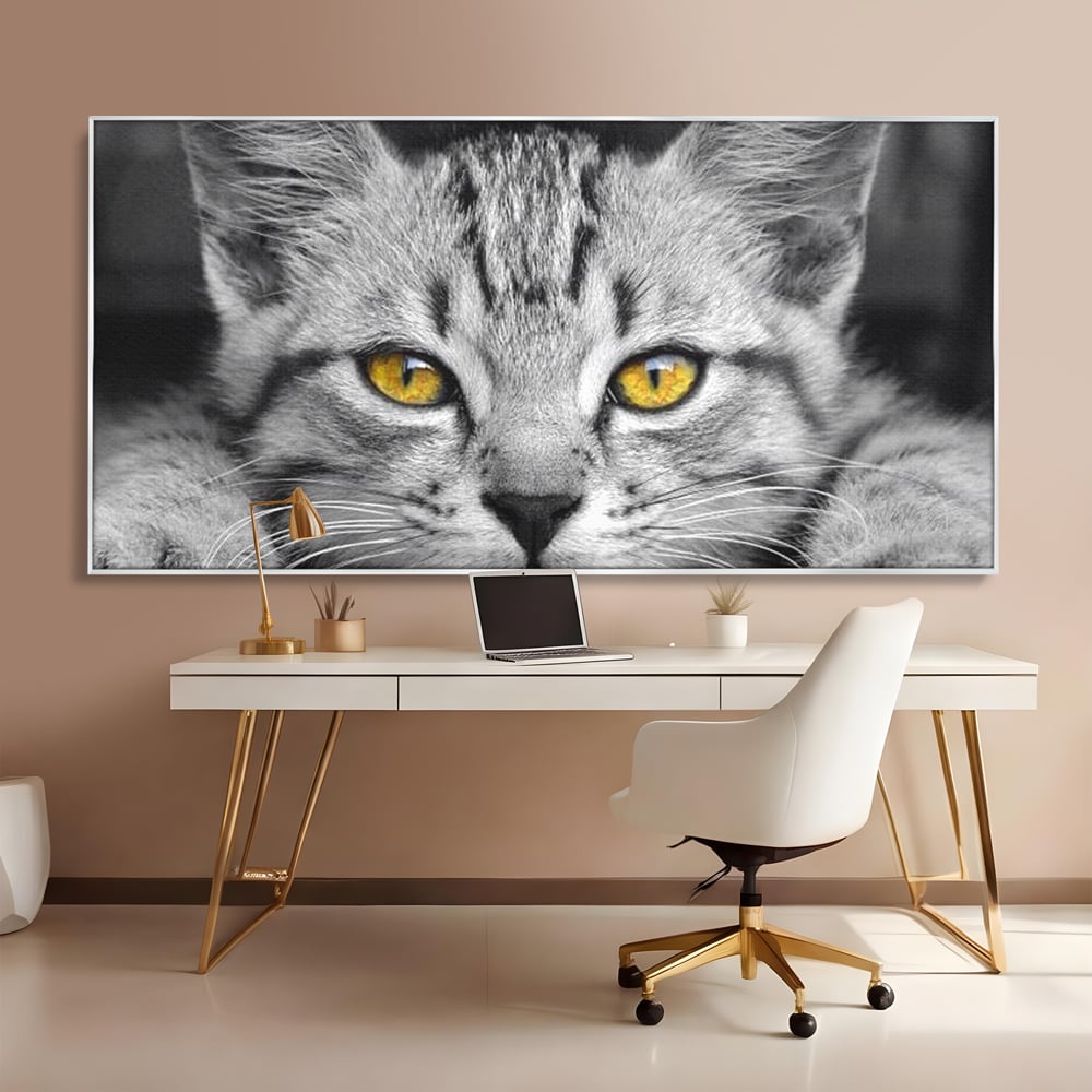 Tablou Canvas Premium, LuxCanva® M1180, Scanteia Inocentei, Ochi, Felina, Pisica, Copilarie, Mic, Inocent, Dragalas, Privire, Blana, Alb si Negru, Animal, Birou, Living, Camera Copil