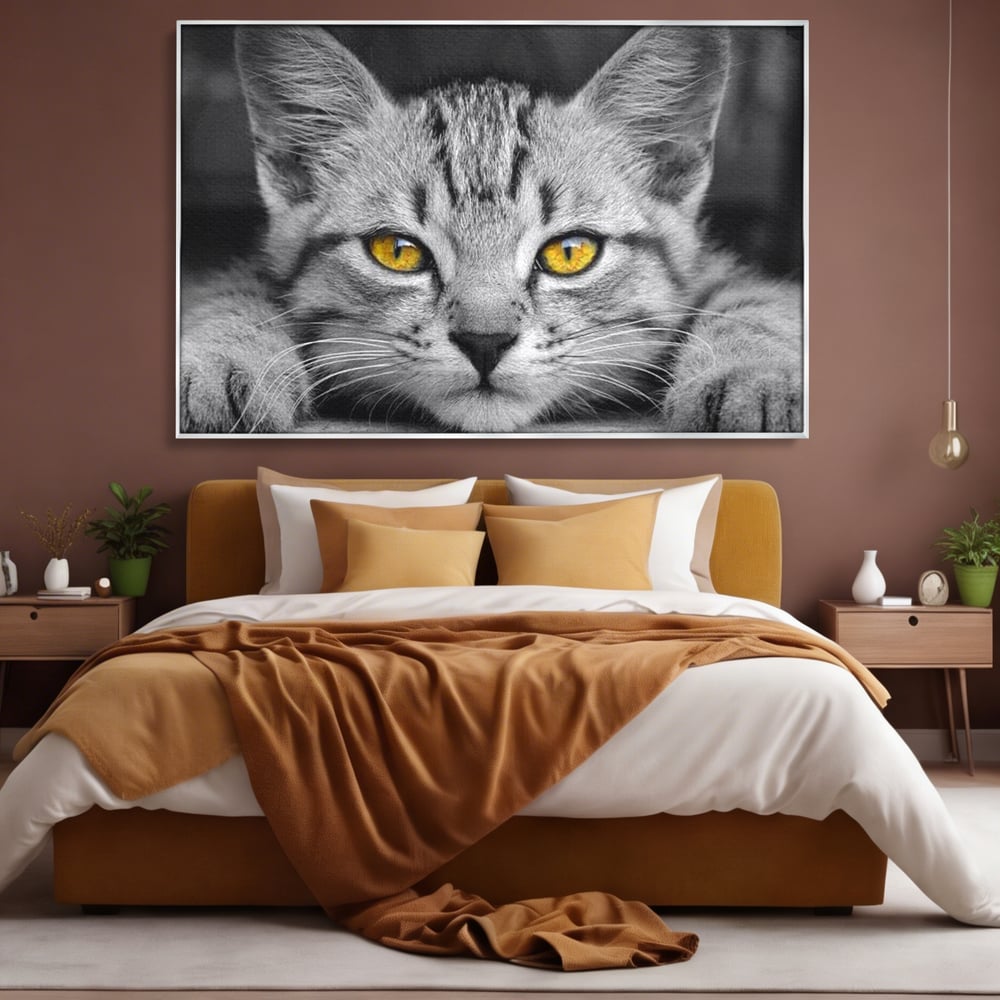 Tablou Canvas Premium, LuxCanva® M1180, Scanteia Inocentei, Ochi, Felina, Pisica, Copilarie, Mic, Inocent, Dragalas, Privire, Blana, Alb si Negru, Animal, Birou, Living, Camera Copil