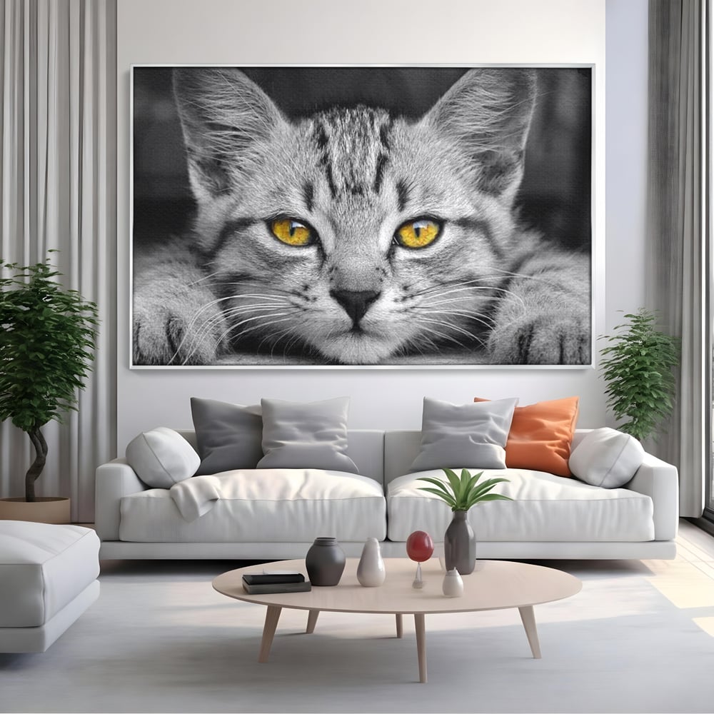 Tablou Canvas Premium, LuxCanva® M1180, Scanteia Inocentei, Ochi, Felina, Pisica, Copilarie, Mic, Inocent, Dragalas, Privire, Blana, Alb si Negru, Animal, Birou, Living, Camera Copil