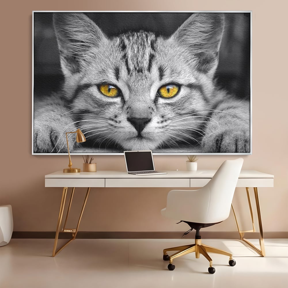Tablou Canvas Premium, LuxCanva® M1180, Scanteia Inocentei, Ochi, Felina, Pisica, Copilarie, Mic, Inocent, Dragalas, Privire, Blana, Alb si Negru, Animal, Birou, Living, Camera Copil
