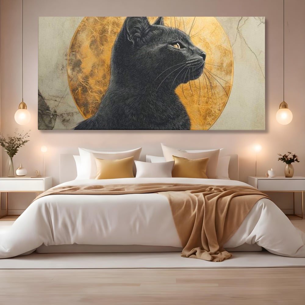 Tablou Canvas Premium, LuxCanva® M1181, Veghere Astrala, Luna, Astral, Marmura, Profil, Mister, Simbolic, Felina, Artistic, Pisica, Portret, Eleganta, Birou, Living, Camera Copil