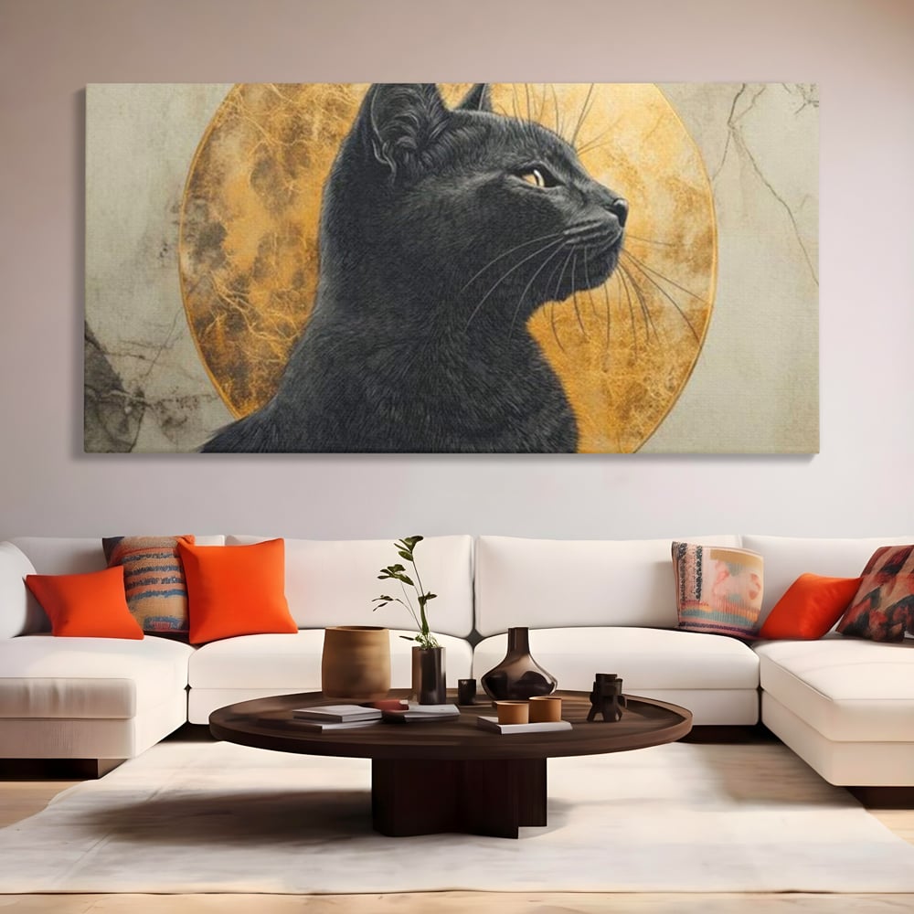 Tablou Canvas Premium, LuxCanva® M1181, Veghere Astrala, Luna, Astral, Marmura, Profil, Mister, Simbolic, Felina, Artistic, Pisica, Portret, Eleganta, Birou, Living, Camera Copil
