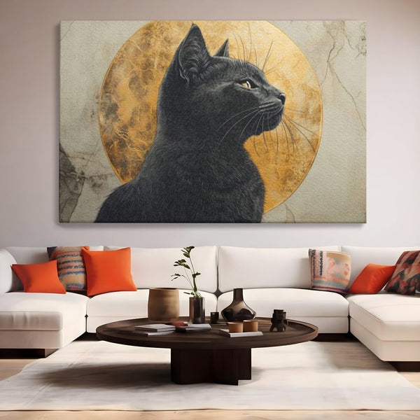 Tablou Canvas Premium, LuxCanva® M1181, Veghere Astrala, Luna, Astral, Marmura, Profil, Mister, Simbolic, Felina, Artistic, Pisica, Portret, Eleganta, Birou, Living, Camera Copil