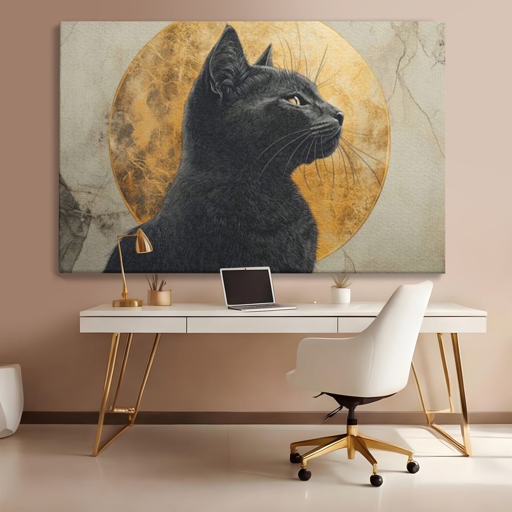 Tablou Canvas Premium, LuxCanva® M1181, Veghere Astrala, Luna, Astral, Marmura, Profil, Mister, Simbolic, Felina, Artistic, Pisica, Portret, Eleganta, Birou, Living, Camera Copil