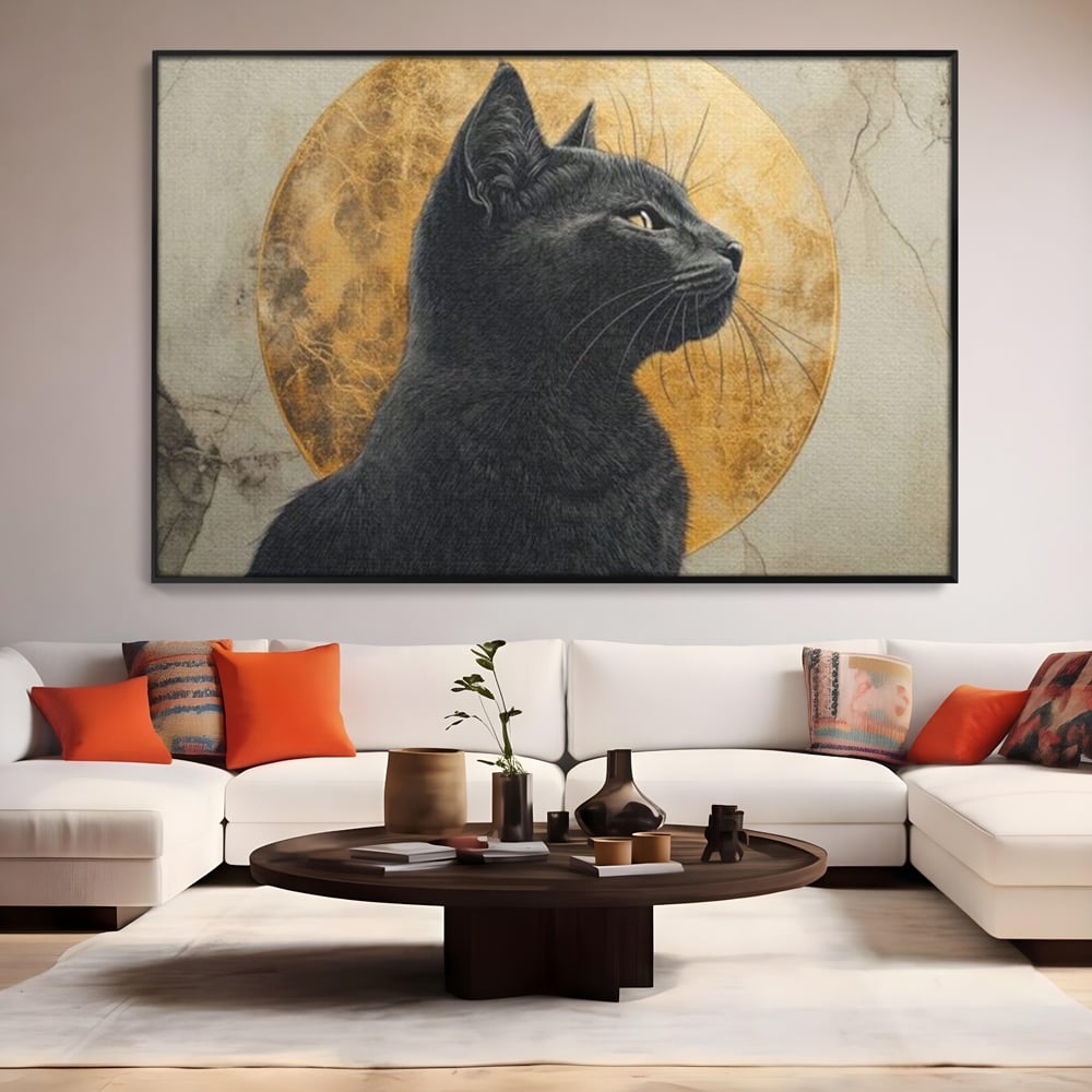 Tablou Canvas Premium, LuxCanva® M1181, Veghere Astrala, Luna, Astral, Marmura, Profil, Mister, Simbolic, Felina, Artistic, Pisica, Portret, Eleganta, Birou, Living, Camera Copil