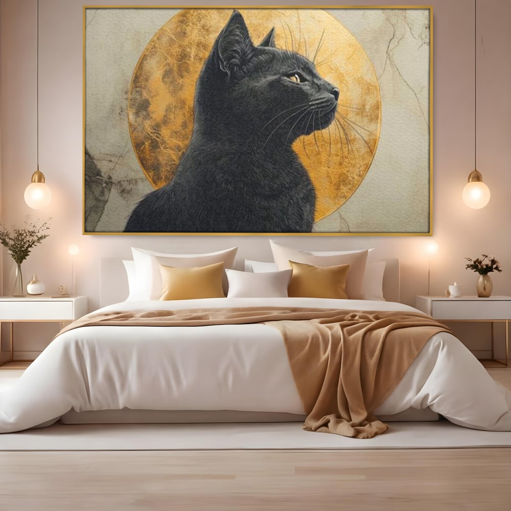 Tablou Canvas Premium, LuxCanva® M1181, Veghere Astrala, Luna, Astral, Marmura, Profil, Mister, Simbolic, Felina, Artistic, Pisica, Portret, Eleganta, Birou, Living, Camera Copil