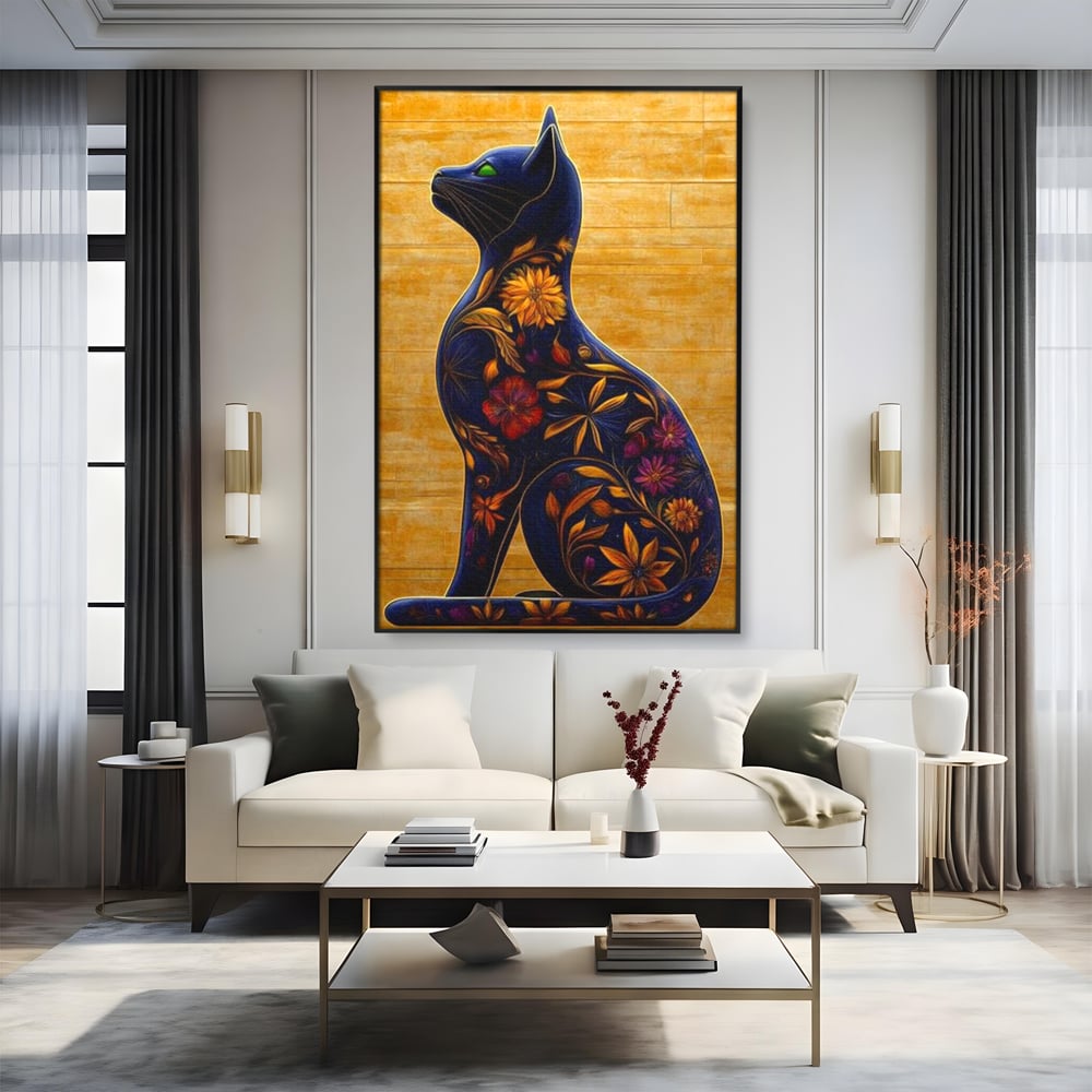 Tablou Canvas Premium, LuxCanva® M1182, Templul Naturii, Flori, Pisica, Abstract, Felina, Petale, Frunze, Smarald, Artistic, Simbolic, Natura, Decor, Portret, Birou, Living, Camera Copil