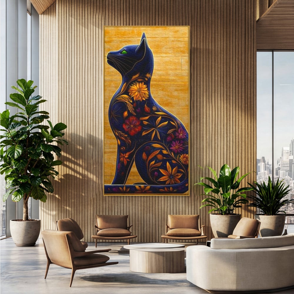 Tablou Canvas Premium, LuxCanva® M1182, Templul Naturii, Flori, Pisica, Abstract, Felina, Petale, Frunze, Smarald, Artistic, Simbolic, Natura, Decor, Portret, Birou, Living, Camera Copil