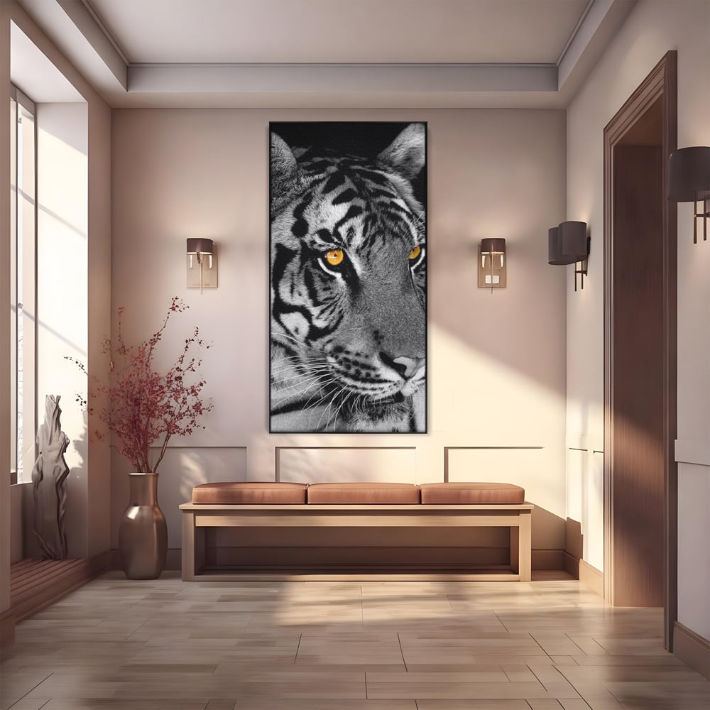 Tablou Canvas Premium, LuxCanva® M1183, Spirit Neimblanzit, Tigru, Alb si Negru, Felina, Jungla, Exotic, Portret, Profil, Forta, Instinct, Privire, Animal, Birou, Living, Camera Copil