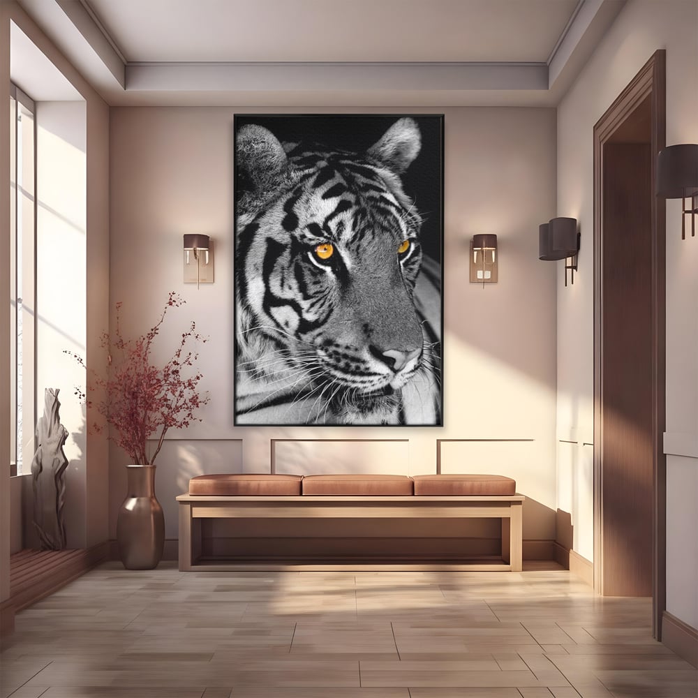 Tablou Canvas Premium, LuxCanva® M1183, Spirit Neimblanzit, Tigru, Alb si Negru, Felina, Jungla, Exotic, Portret, Profil, Forta, Instinct, Privire, Animal, Birou, Living, Camera Copil