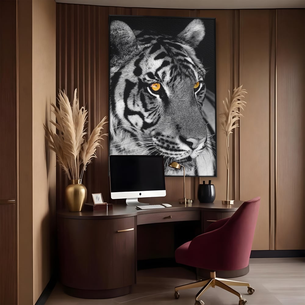 Tablou Canvas Premium, LuxCanva® M1183, Spirit Neimblanzit, Tigru, Alb si Negru, Felina, Jungla, Exotic, Portret, Profil, Forta, Instinct, Privire, Animal, Birou, Living, Camera Copil