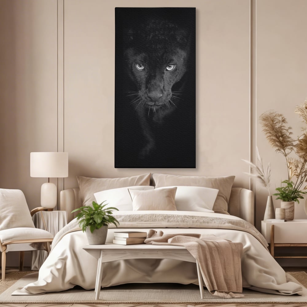 Leinwand Wandkunst Canvas Premium, LuxCanva® M1184, Absolute Dunkelheit, Panther, Dunkel, Schwarz, Abgrund, Blick, Tier, Porträt, Schatten, diskret, Katze, Augen, Büro, Wohnen, Kinderzimmer
