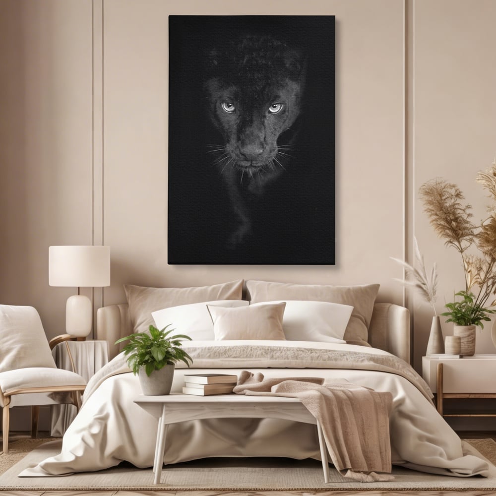 Leinwand Wandkunst Canvas Premium, LuxCanva® M1184, Absolute Dunkelheit, Panther, Dunkel, Schwarz, Abgrund, Blick, Tier, Porträt, Schatten, diskret, Katze, Augen, Büro, Wohnen, Kinderzimmer