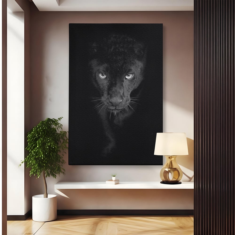 Leinwand Wandkunst Canvas Premium, LuxCanva® M1184, Absolute Dunkelheit, Panther, Dunkel, Schwarz, Abgrund, Blick, Tier, Porträt, Schatten, diskret, Katze, Augen, Büro, Wohnen, Kinderzimmer