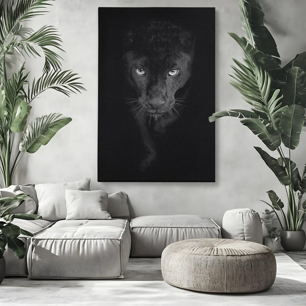 Leinwand Wandkunst Canvas Premium, LuxCanva® M1184, Absolute Dunkelheit, Panther, Dunkel, Schwarz, Abgrund, Blick, Tier, Porträt, Schatten, diskret, Katze, Augen, Büro, Wohnen, Kinderzimmer