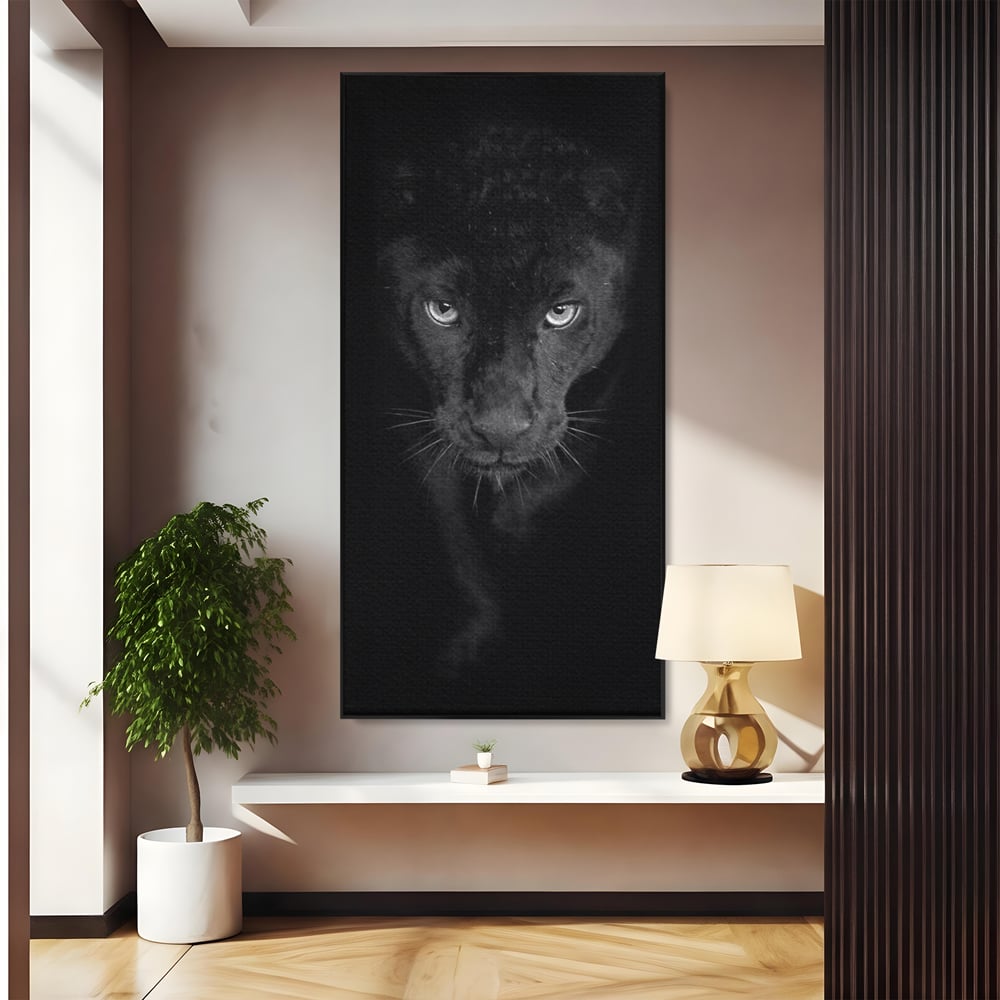 Leinwand Wandkunst Canvas Premium, LuxCanva® M1184, Absolute Dunkelheit, Panther, Dunkel, Schwarz, Abgrund, Blick, Tier, Porträt, Schatten, diskret, Katze, Augen, Büro, Wohnen, Kinderzimmer
