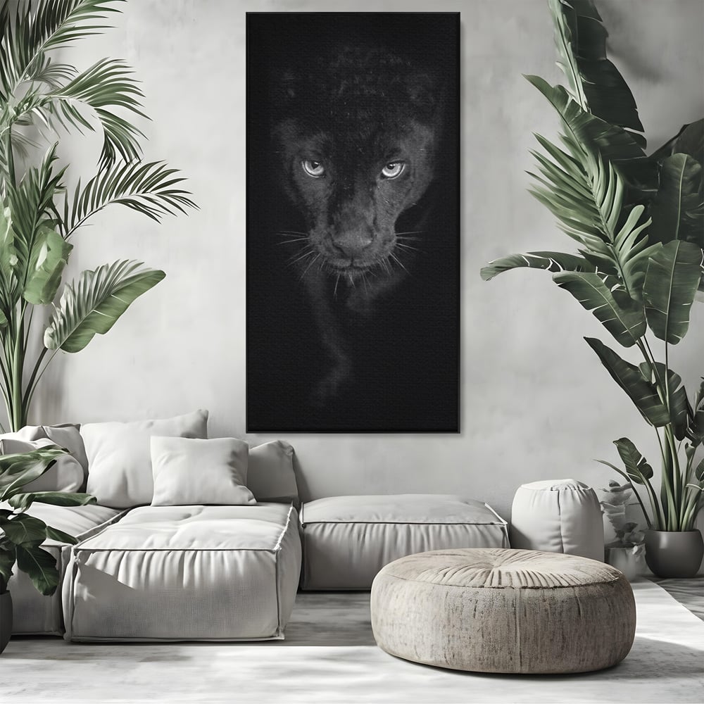 Leinwand Wandkunst Canvas Premium, LuxCanva® M1184, Absolute Dunkelheit, Panther, Dunkel, Schwarz, Abgrund, Blick, Tier, Porträt, Schatten, diskret, Katze, Augen, Büro, Wohnen, Kinderzimmer