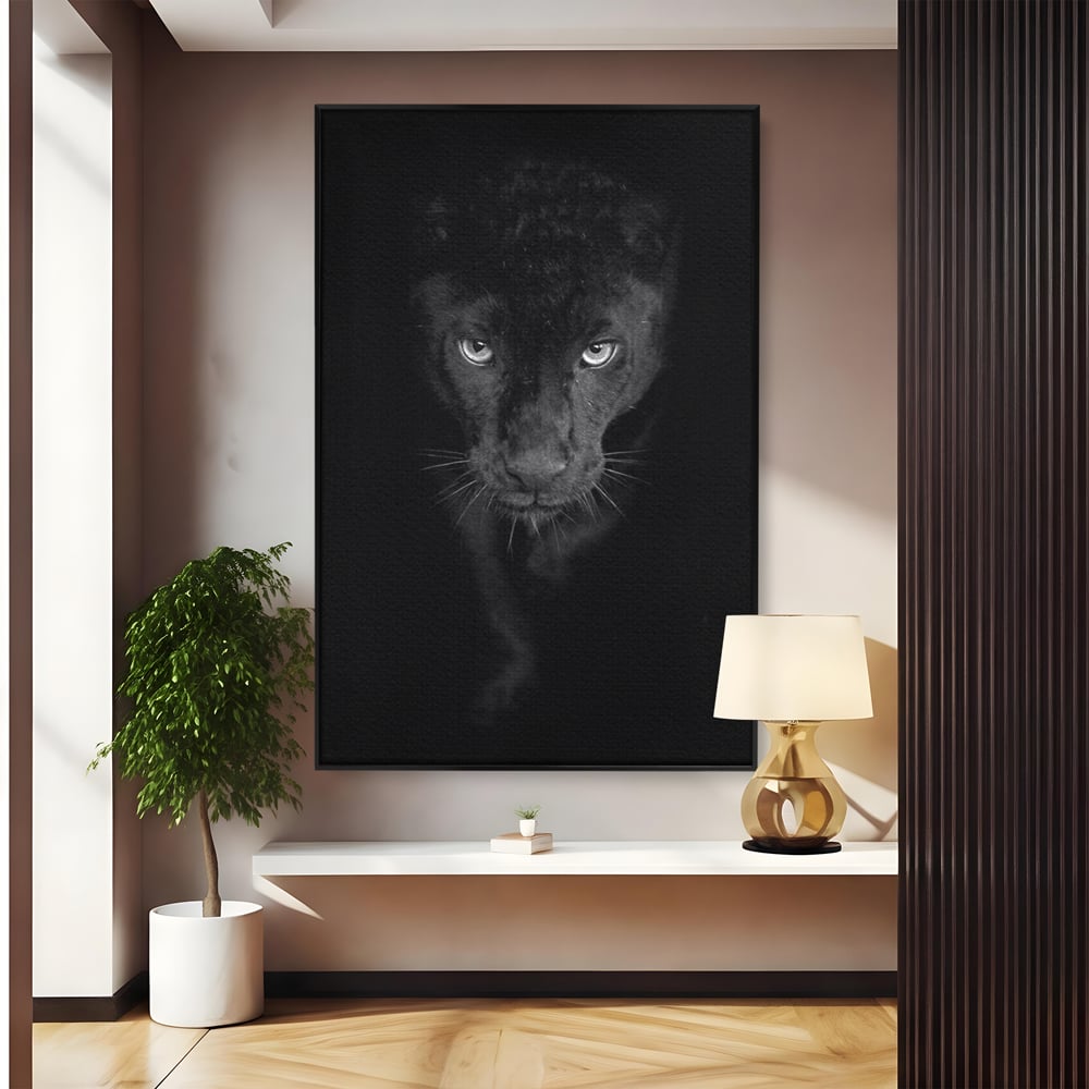 Leinwand Wandkunst Canvas Premium, LuxCanva® M1184, Absolute Dunkelheit, Panther, Dunkel, Schwarz, Abgrund, Blick, Tier, Porträt, Schatten, diskret, Katze, Augen, Büro, Wohnen, Kinderzimmer