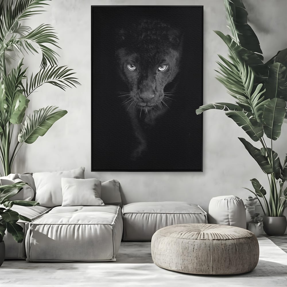 Leinwand Wandkunst Canvas Premium, LuxCanva® M1184, Absolute Dunkelheit, Panther, Dunkel, Schwarz, Abgrund, Blick, Tier, Porträt, Schatten, diskret, Katze, Augen, Büro, Wohnen, Kinderzimmer
