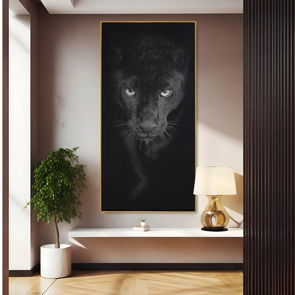 Leinwand Wandkunst Canvas Premium, LuxCanva® M1184, Absolute Dunkelheit, Panther, Dunkel, Schwarz, Abgrund, Blick, Tier, Porträt, Schatten, diskret, Katze, Augen, Büro, Wohnen, Kinderzimmer