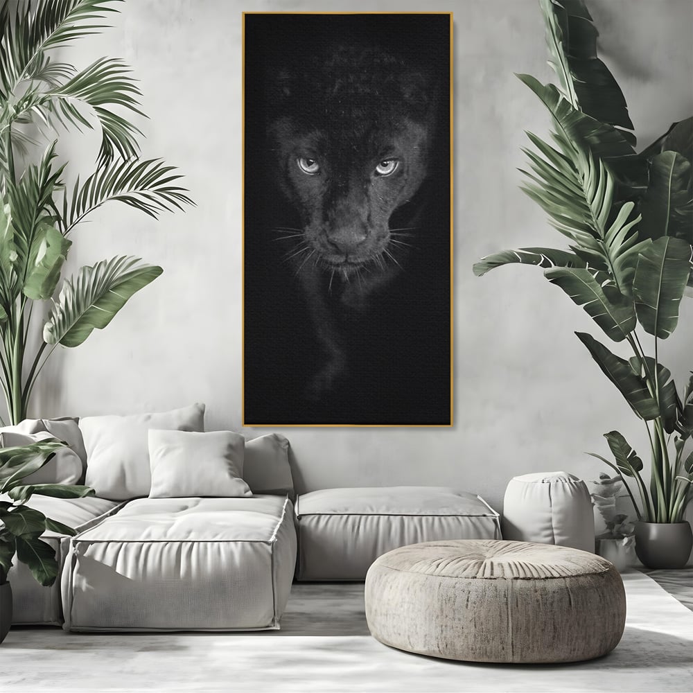 Leinwand Wandkunst Canvas Premium, LuxCanva® M1184, Absolute Dunkelheit, Panther, Dunkel, Schwarz, Abgrund, Blick, Tier, Porträt, Schatten, diskret, Katze, Augen, Büro, Wohnen, Kinderzimmer