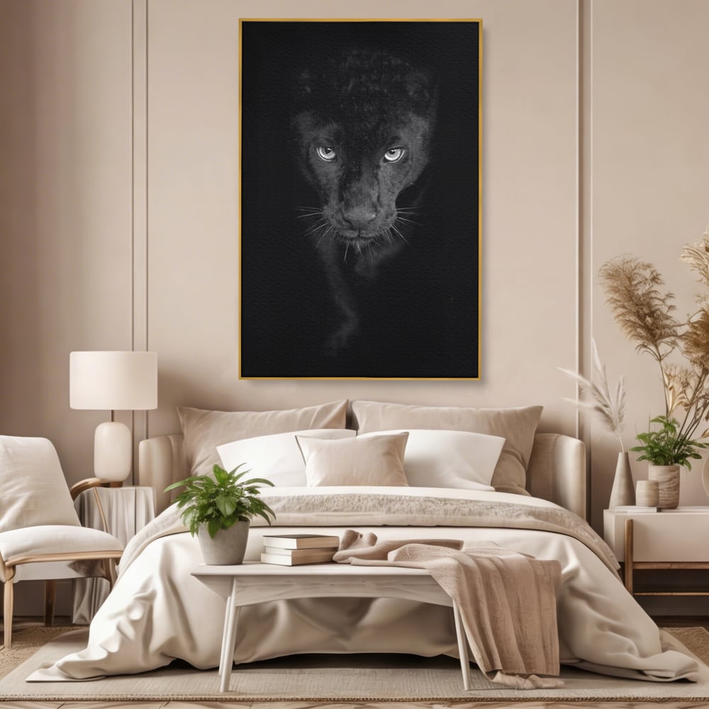 Leinwand Wandkunst Canvas Premium, LuxCanva® M1184, Absolute Dunkelheit, Panther, Dunkel, Schwarz, Abgrund, Blick, Tier, Porträt, Schatten, diskret, Katze, Augen, Büro, Wohnen, Kinderzimmer