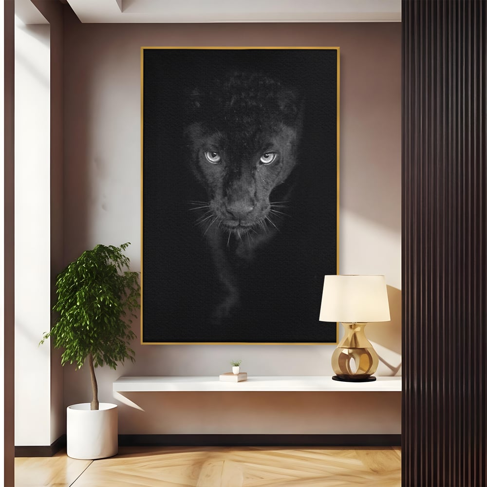 Leinwand Wandkunst Canvas Premium, LuxCanva® M1184, Absolute Dunkelheit, Panther, Dunkel, Schwarz, Abgrund, Blick, Tier, Porträt, Schatten, diskret, Katze, Augen, Büro, Wohnen, Kinderzimmer