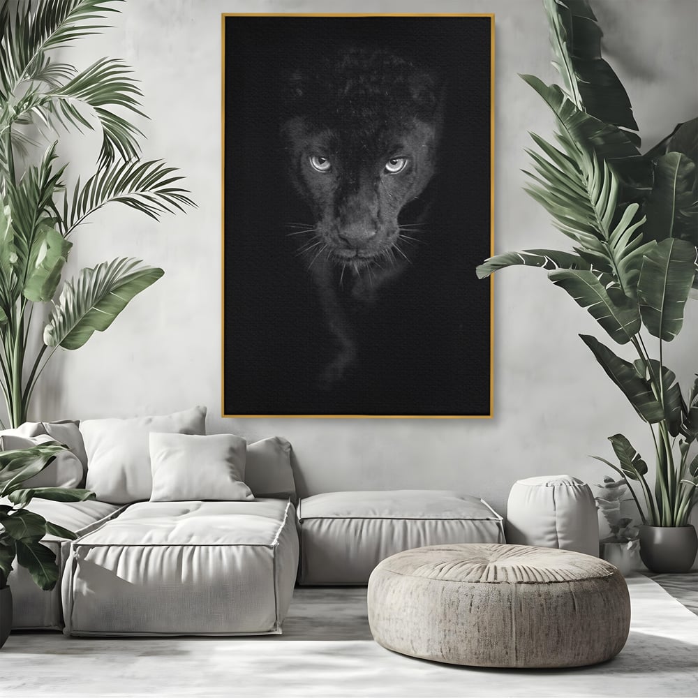 Leinwand Wandkunst Canvas Premium, LuxCanva® M1184, Absolute Dunkelheit, Panther, Dunkel, Schwarz, Abgrund, Blick, Tier, Porträt, Schatten, diskret, Katze, Augen, Büro, Wohnen, Kinderzimmer