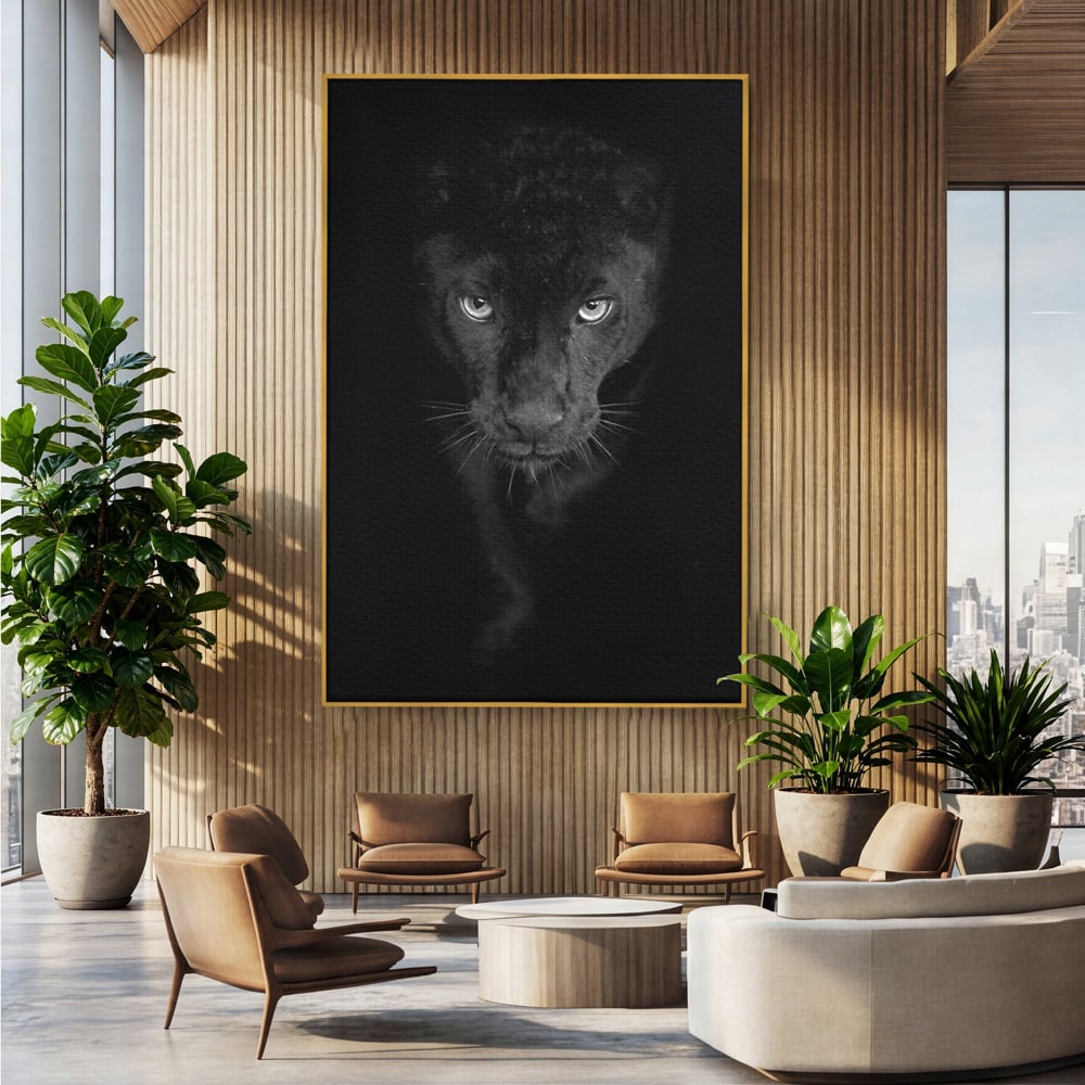 Leinwand Wandkunst Canvas Premium, LuxCanva® M1184, Absolute Dunkelheit, Panther, Dunkel, Schwarz, Abgrund, Blick, Tier, Porträt, Schatten, diskret, Katze, Augen, Büro, Wohnen, Kinderzimmer
