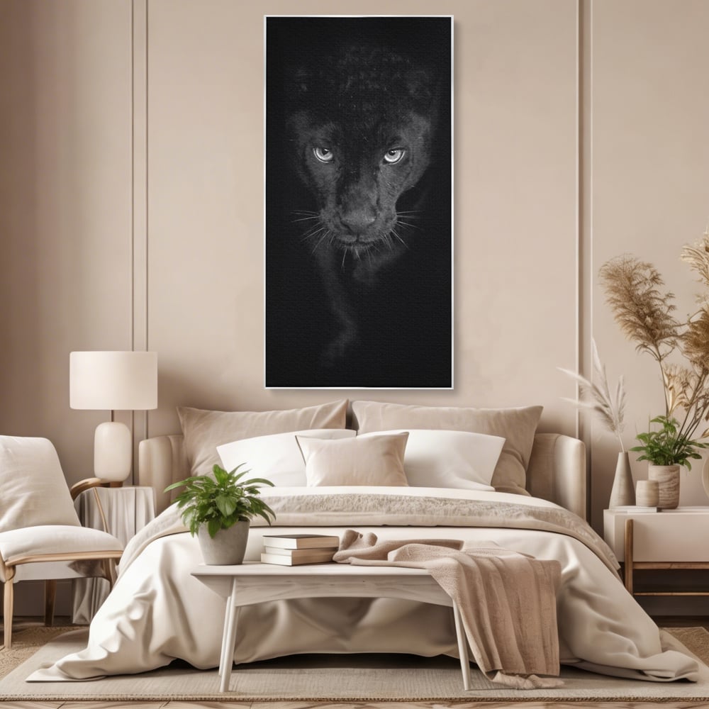 Leinwand Wandkunst Canvas Premium, LuxCanva® M1184, Absolute Dunkelheit, Panther, Dunkel, Schwarz, Abgrund, Blick, Tier, Porträt, Schatten, diskret, Katze, Augen, Büro, Wohnen, Kinderzimmer
