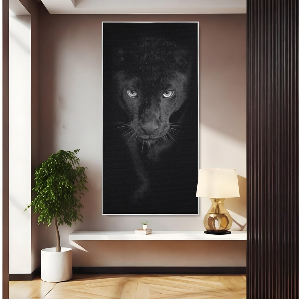 Leinwand Wandkunst Canvas Premium, LuxCanva® M1184, Absolute Dunkelheit, Panther, Dunkel, Schwarz, Abgrund, Blick, Tier, Porträt, Schatten, diskret, Katze, Augen, Büro, Wohnen, Kinderzimmer