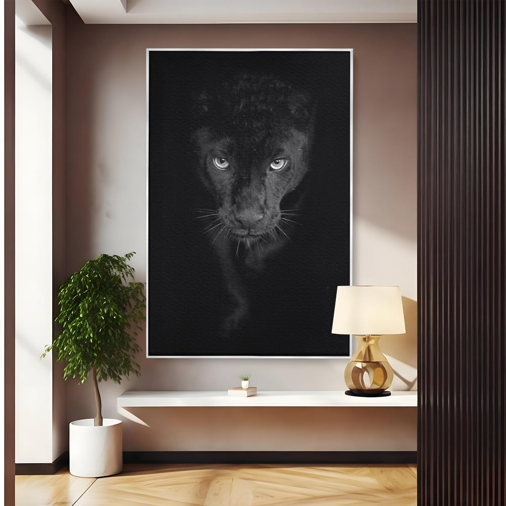Leinwand Wandkunst Canvas Premium, LuxCanva® M1184, Absolute Dunkelheit, Panther, Dunkel, Schwarz, Abgrund, Blick, Tier, Porträt, Schatten, diskret, Katze, Augen, Büro, Wohnen, Kinderzimmer