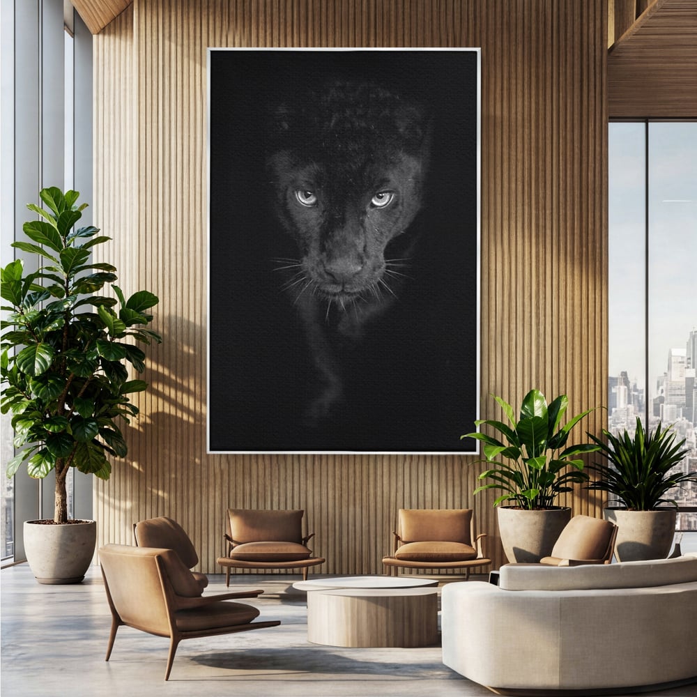 Leinwand Wandkunst Canvas Premium, LuxCanva® M1184, Absolute Dunkelheit, Panther, Dunkel, Schwarz, Abgrund, Blick, Tier, Porträt, Schatten, diskret, Katze, Augen, Büro, Wohnen, Kinderzimmer