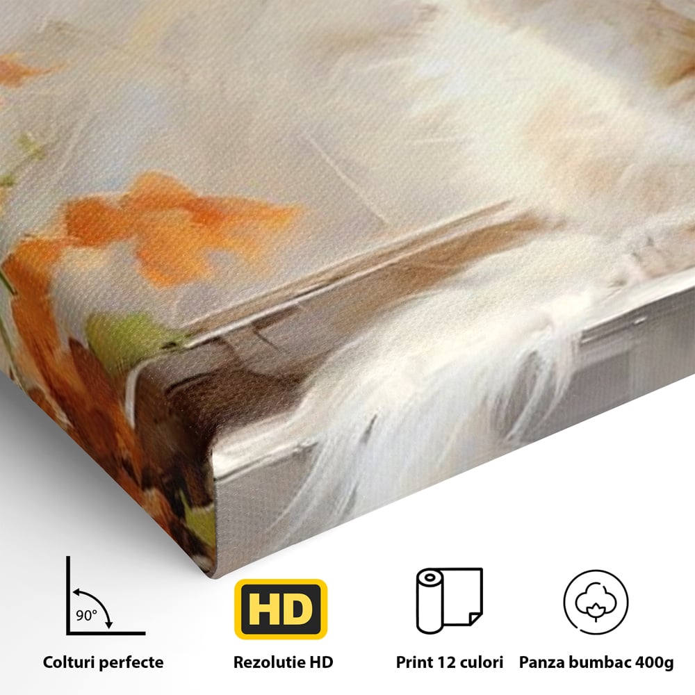 Tablou Canvas Premium, LuxCanva® M1185, Pufos si Ganditor, Pisica, Alb, Fereastra, Flori, Frunze, Puf, Gingas, Pastel, Pictura, Poetic, Liniste, Luminos, Birou, Living, Camera Copil