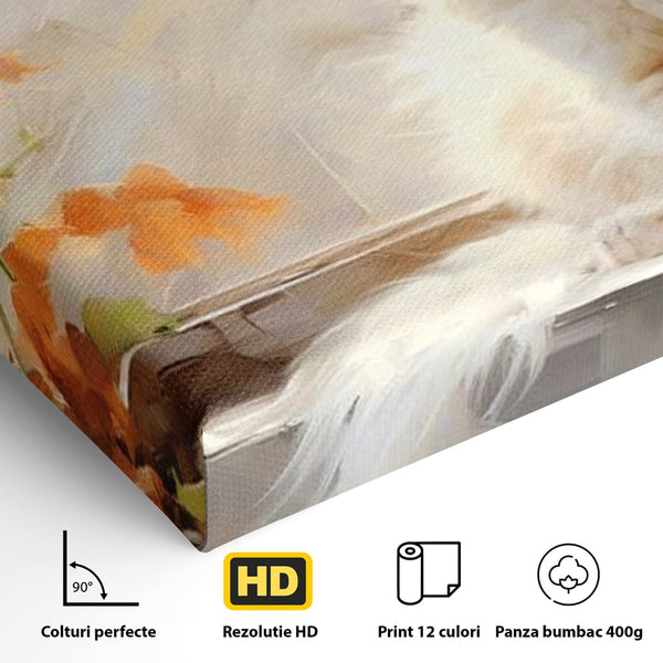 Tablou Canvas Premium, LuxCanva® M1185, Pufos si Ganditor, Pisica, Alb, Fereastra, Flori, Frunze, Puf, Gingas, Pastel, Pictura, Poetic, Liniste, Luminos, Birou, Living, Camera Copil