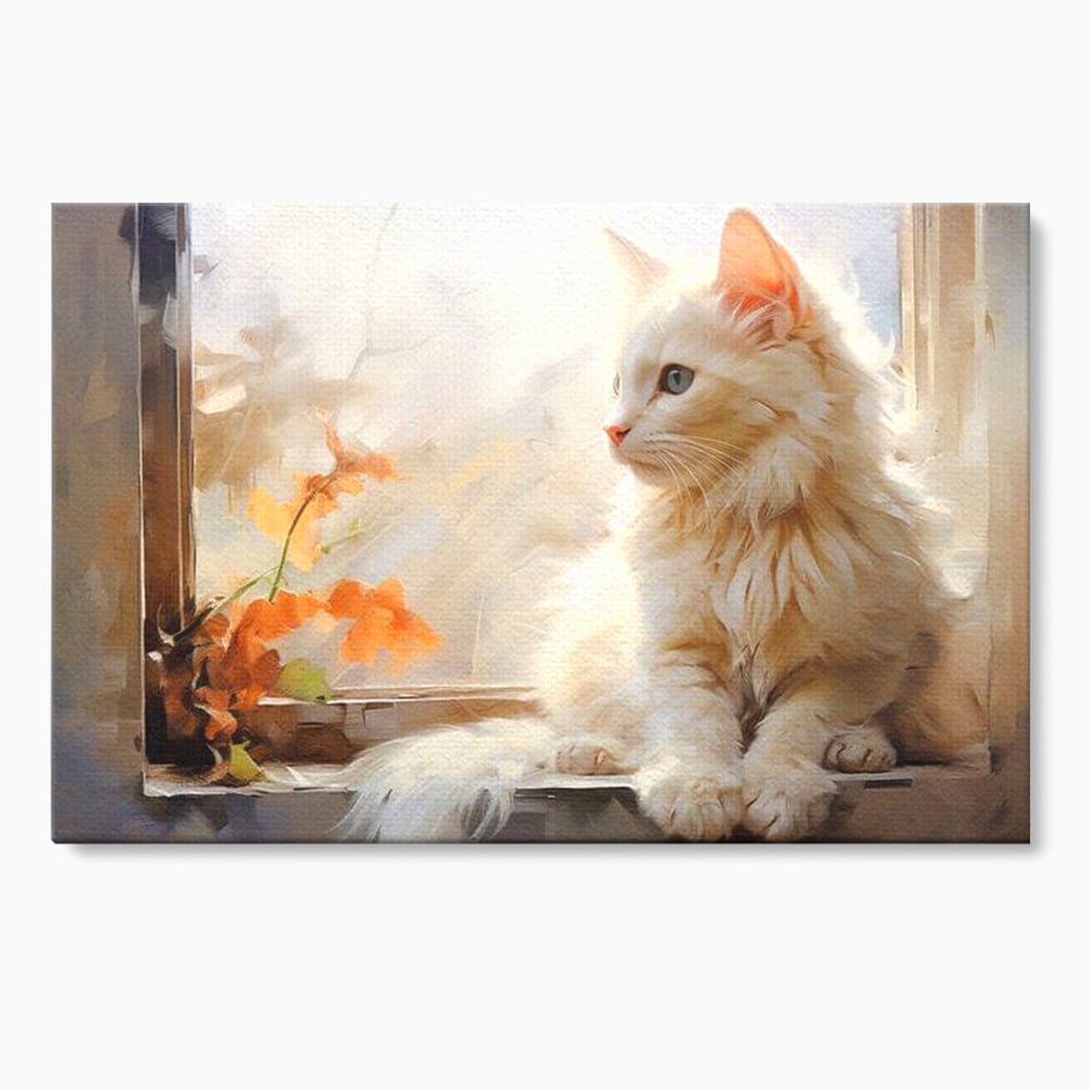 Tablou Canvas Premium, LuxCanva® M1185, Pufos si Ganditor, Pisica, Alb, Fereastra, Flori, Frunze, Puf, Gingas, Pastel, Pictura, Poetic, Liniste, Luminos, Birou, Living, Camera Copil