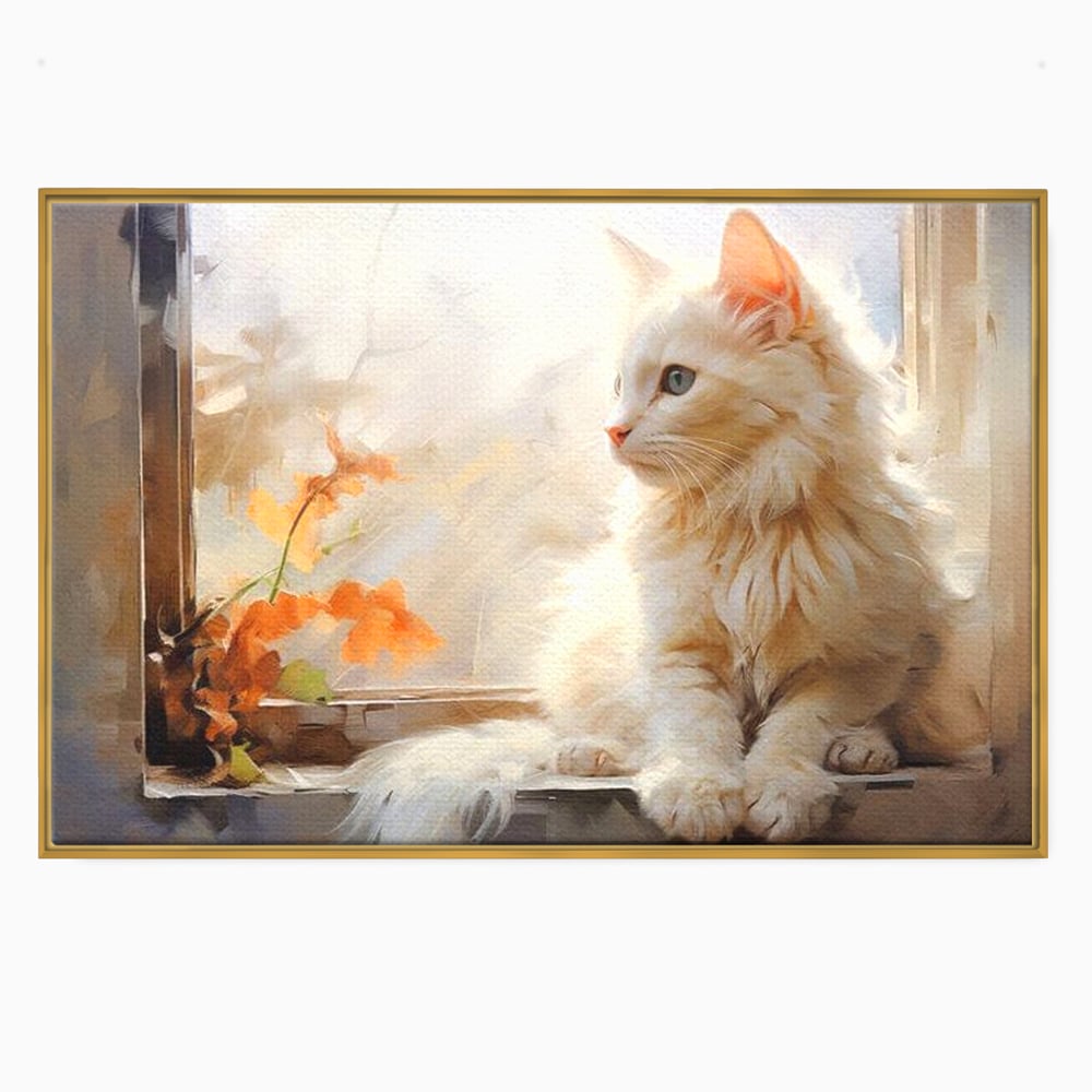Tablou Canvas Premium, LuxCanva® M1185, Pufos si Ganditor, Pisica, Alb, Fereastra, Flori, Frunze, Puf, Gingas, Pastel, Pictura, Poetic, Liniste, Luminos, Birou, Living, Camera Copil