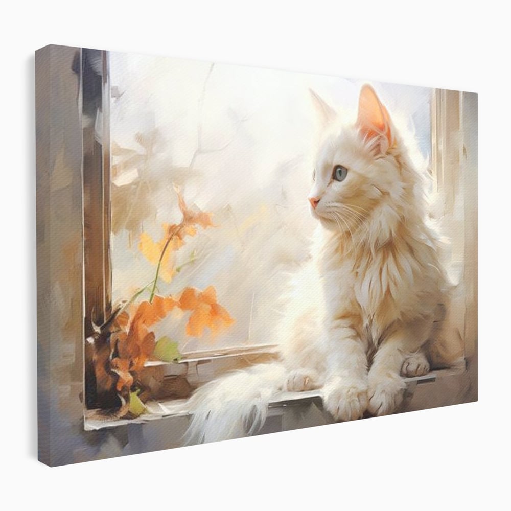 Tablou Canvas Premium, LuxCanva® M1185, Pufos si Ganditor, Pisica, Alb, Fereastra, Flori, Frunze, Puf, Gingas, Pastel, Pictura, Poetic, Liniste, Luminos, Birou, Living, Camera Copil
