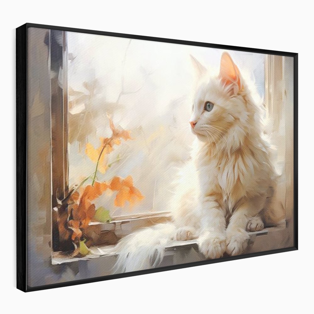 Tablou Canvas Premium, LuxCanva® M1185, Pufos si Ganditor, Pisica, Alb, Fereastra, Flori, Frunze, Puf, Gingas, Pastel, Pictura, Poetic, Liniste, Luminos, Birou, Living, Camera Copil