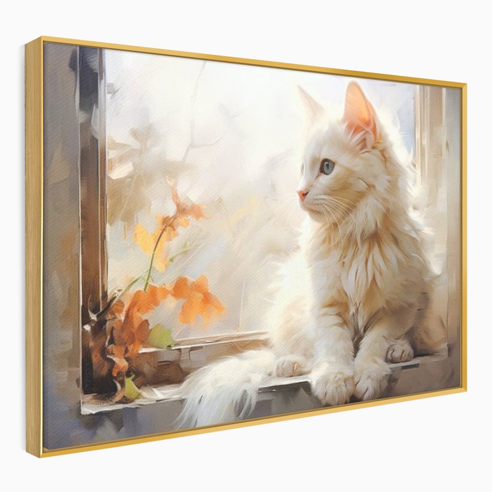 Tablou Canvas Premium, LuxCanva® M1185, Pufos si Ganditor, Pisica, Alb, Fereastra, Flori, Frunze, Puf, Gingas, Pastel, Pictura, Poetic, Liniste, Luminos, Birou, Living, Camera Copil