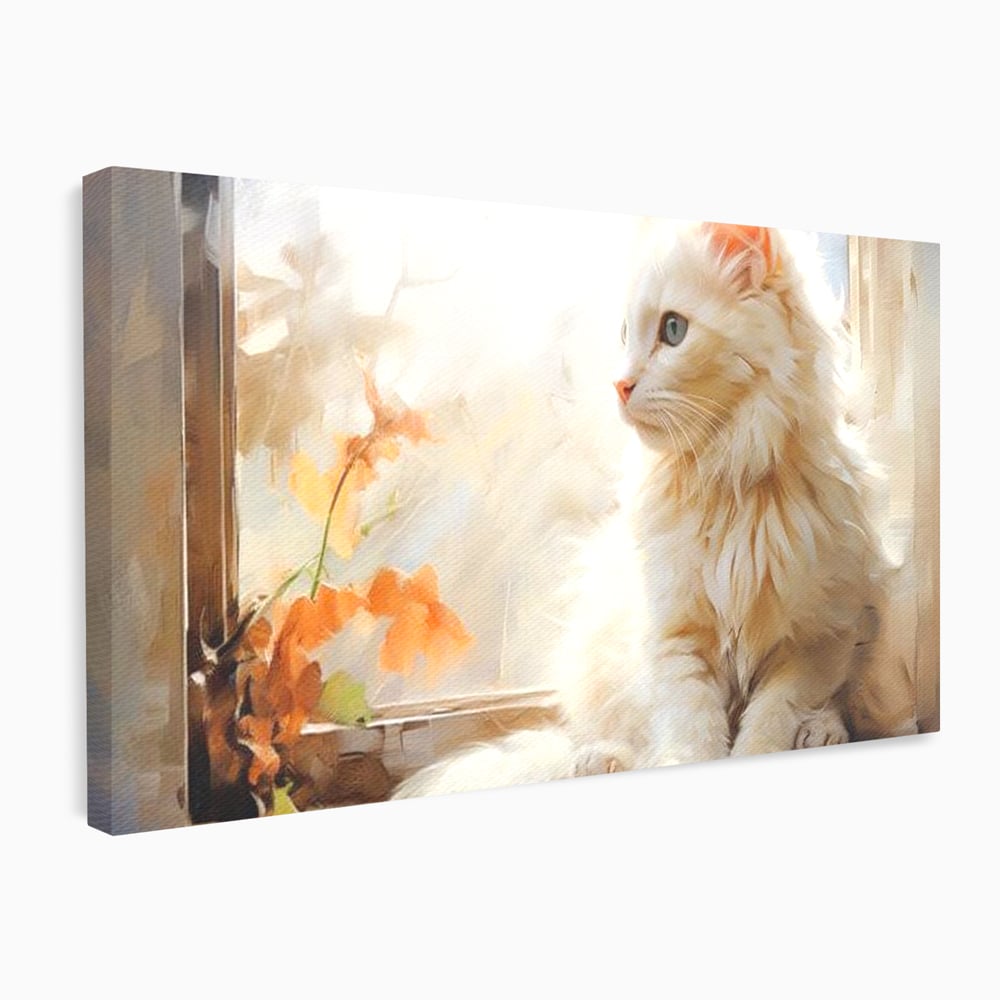 Tablou Canvas Premium, LuxCanva® M1185, Pufos si Ganditor, Pisica, Alb, Fereastra, Flori, Frunze, Puf, Gingas, Pastel, Pictura, Poetic, Liniste, Luminos, Birou, Living, Camera Copil