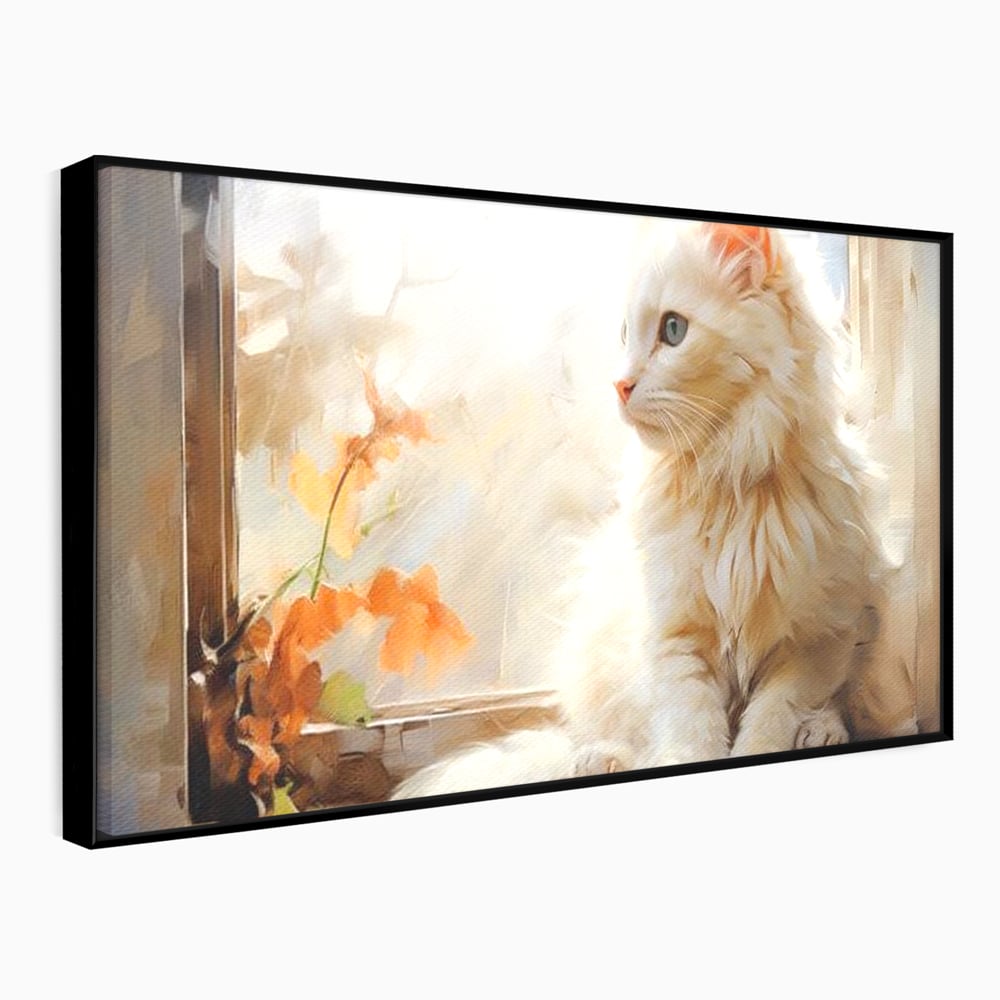 Tablou Canvas Premium, LuxCanva® M1185, Pufos si Ganditor, Pisica, Alb, Fereastra, Flori, Frunze, Puf, Gingas, Pastel, Pictura, Poetic, Liniste, Luminos, Birou, Living, Camera Copil
